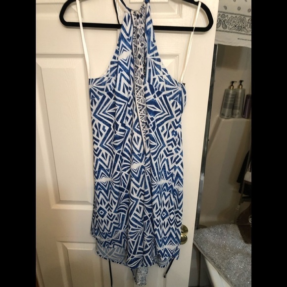 Mossimo  size XL blue print halter dress  lined asymmetrical hem racer back - Picture 2 of 11